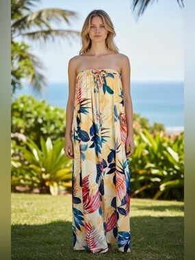 Gorgeous tropical floral print multi maxi skirt halter dress swimsuit cover up